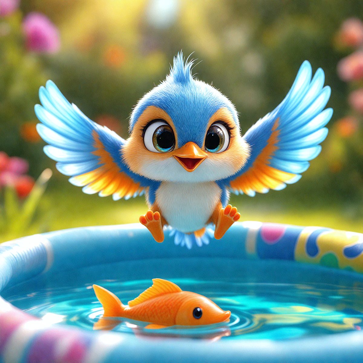 The primary subject of the image is a small, cute bird with blue and yellow feathers. The bird is flying over a pool of water, which is filled with fish. The scene is set in a garden, with a potted plant visible in the background. The visual style of the image is a combination of photo and digital art, creating a whimsical and lively atmosphere. The dominant colors in the image are blue, yellow, and green, with the bird's feathers being the most prominent feature.